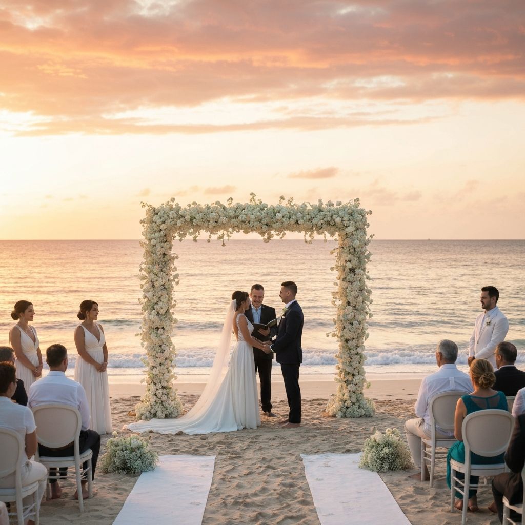 Beach wedding ceremony at sunset