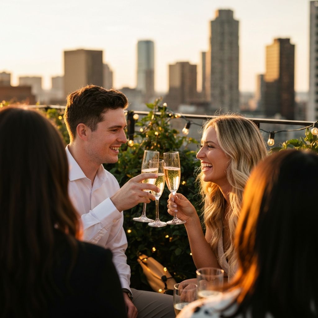Rooftop engagement party at sunset